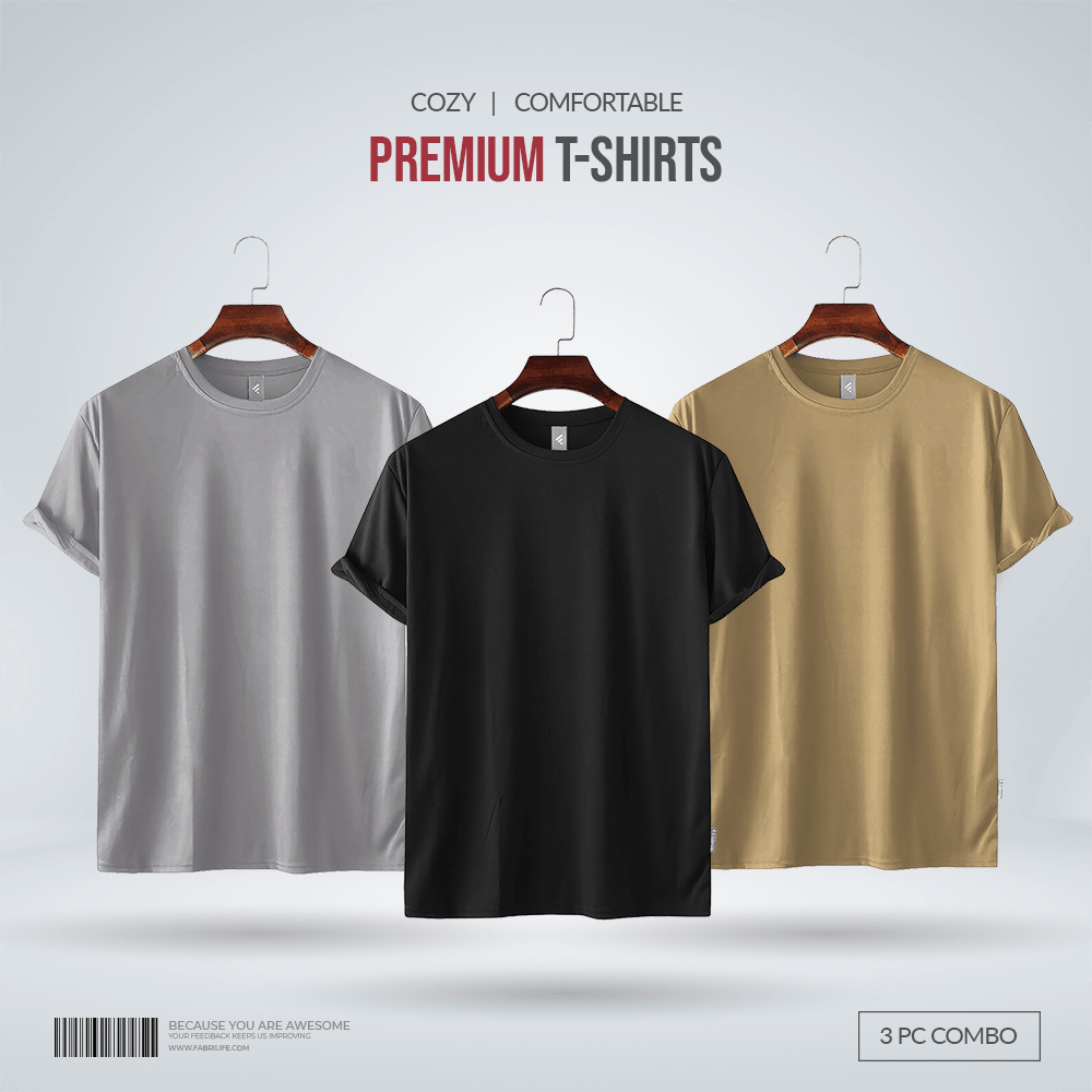 Fabrilife Men's Premium 100% Cotton Blank T-Shirt - Silver, Black, Tan